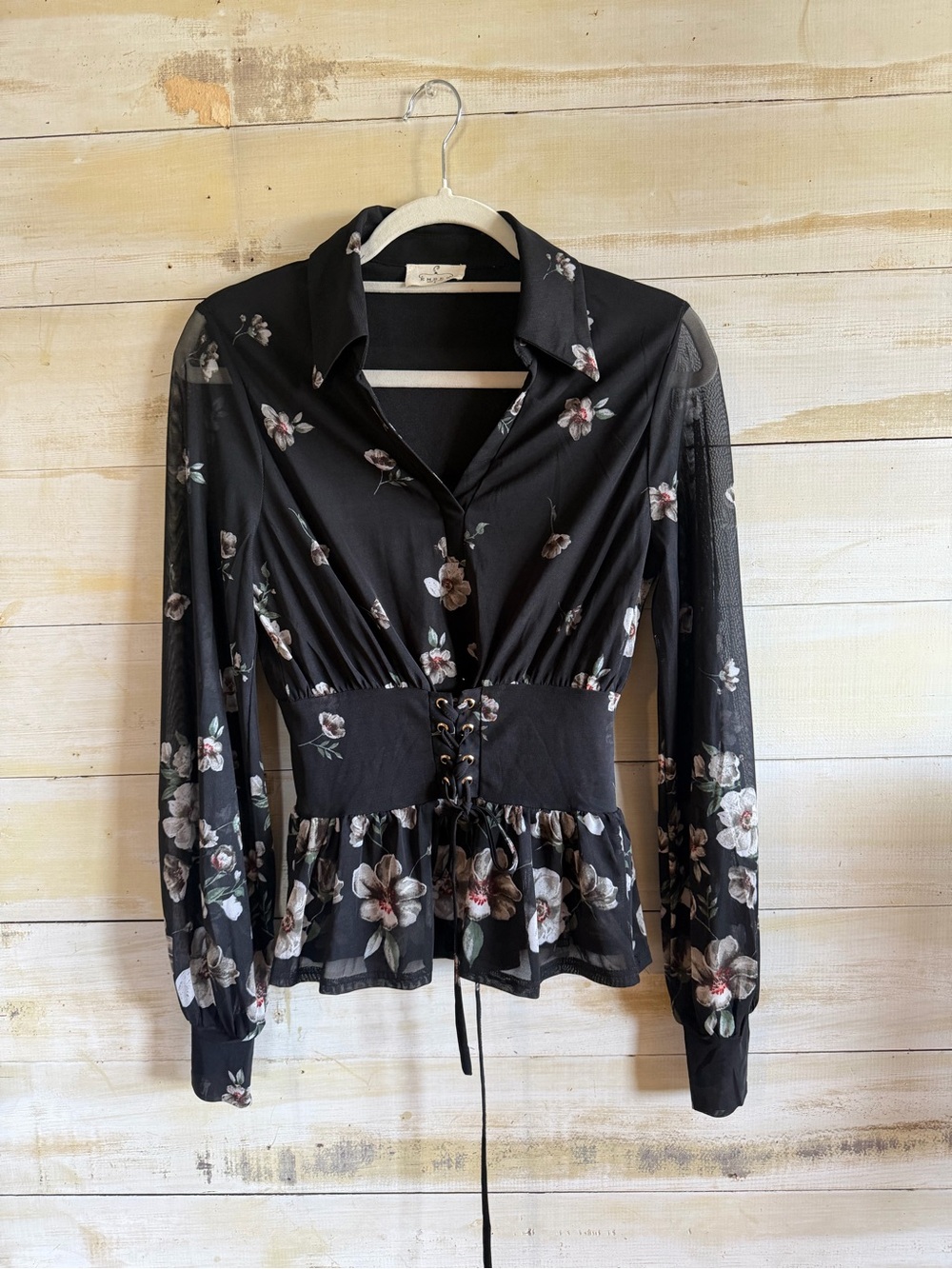 Black Floral Lace-Up Waist Peplum Blouse